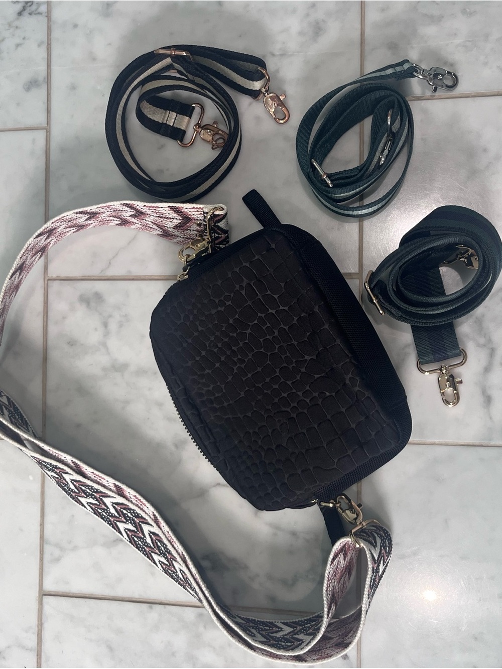 Stella & Dot Black Croc-Embossed Crossbody with 4 Patterned Straps.
